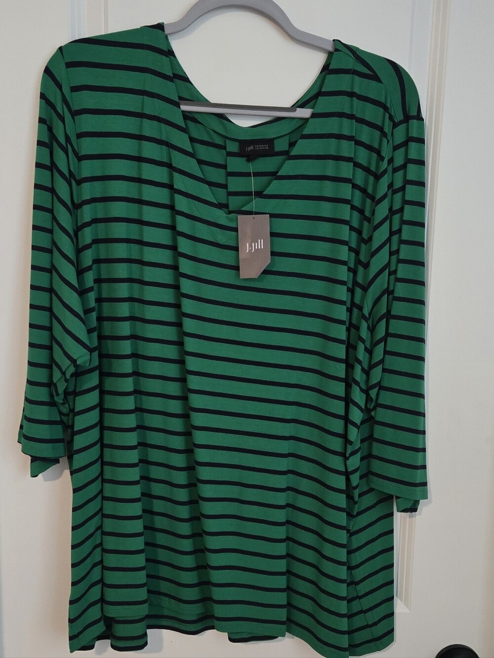 J. Jill Green and Black Striped V-Neck Women's Top